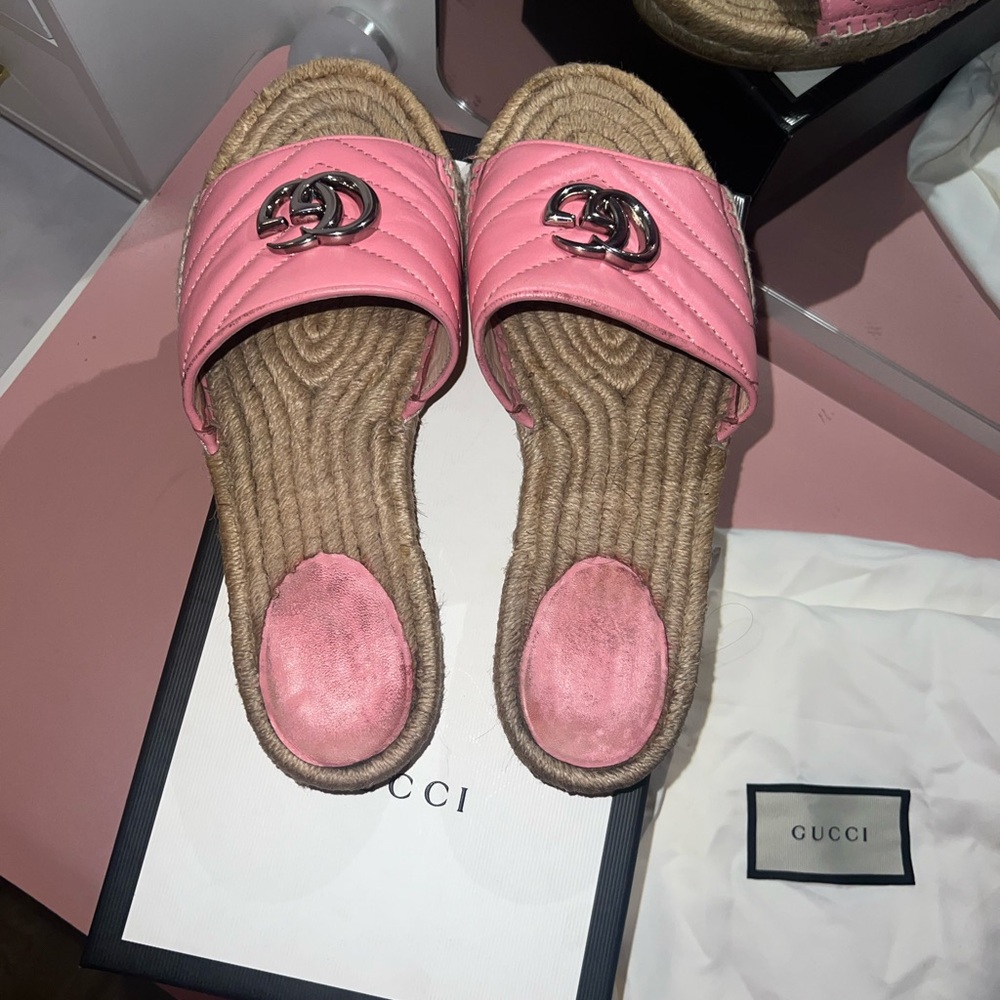 Gucci Pink Marmont Double G Leather Espadrille Slides – Size 38 (Pre-Loved) - Picture 4 of 6